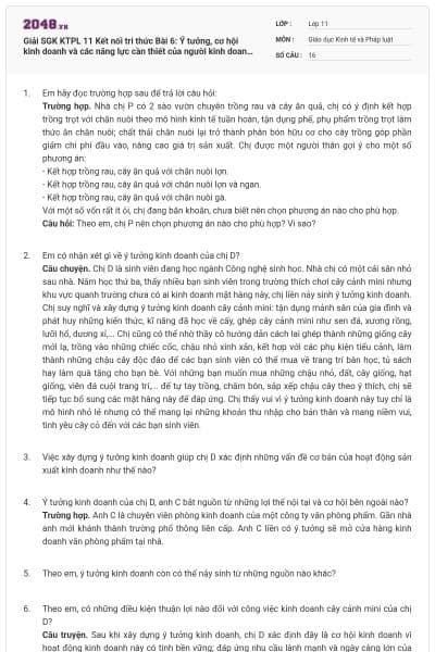 Giải SGK KTPL 11 Kết nối tri thức Bài 6: Ý tưởng, cơ hội kinh doanh và các năng lực cần thiết của người kinh doanh có đáp án