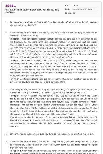 Giải SGK KTPL 11 Kết nối tri thức Bài 8: Văn hóa tiêu dùng có đáp án