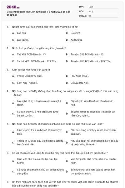 Đề kiểm tra giữa kì 2 Lịch sử và Địa lí 6 năm 2023 có đáp án (Đề 2)