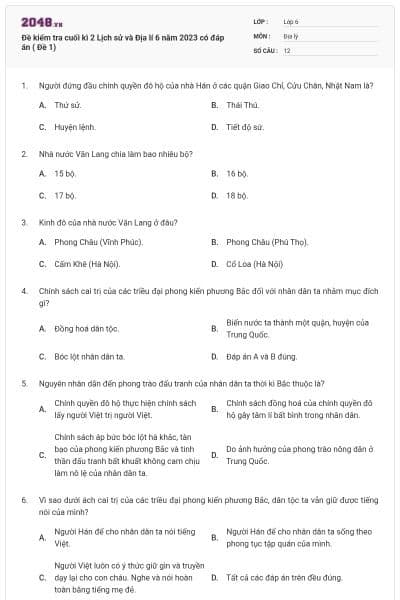 Đề kiểm tra cuối kì 2 Lịch sử và Địa lí 6 năm 2023 có đáp án ( Đề 1)