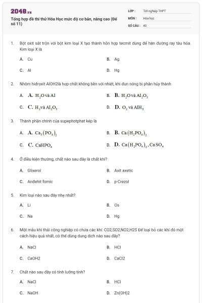 Tổng hợp đề thi thử Hóa Học mức độ cơ bản, nâng cao (Đế số 11)