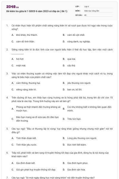 Đề kiểm tra giữa kì 1 GDCD 6 năm 2023 có đáp án ( Đề 1)