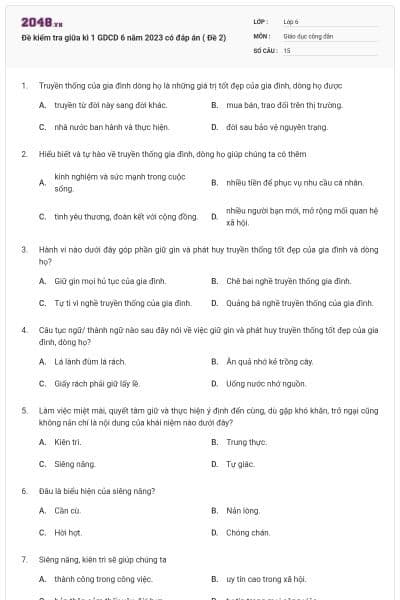 Đề kiểm tra giữa kì 1 GDCD 6 năm 2023 có đáp án ( Đề 2)