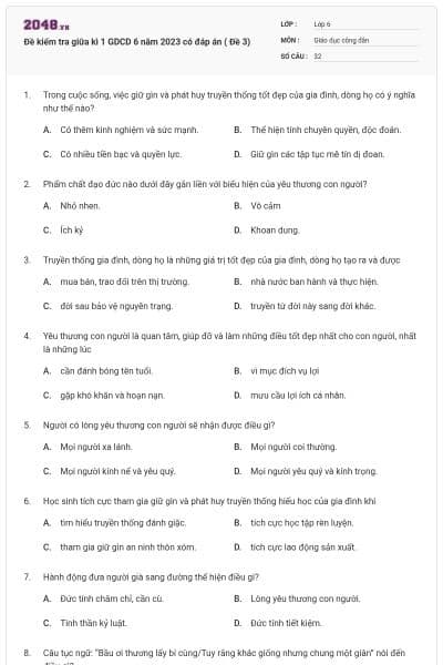 Đề kiểm tra giữa kì 1 GDCD 6 năm 2023 có đáp án ( Đề 3)