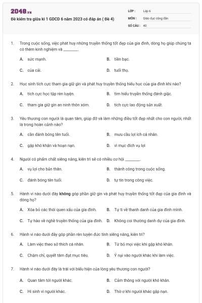 Đề kiểm tra giữa kì 1 GDCD 6 năm 2023 có đáp án ( Đề 4)
