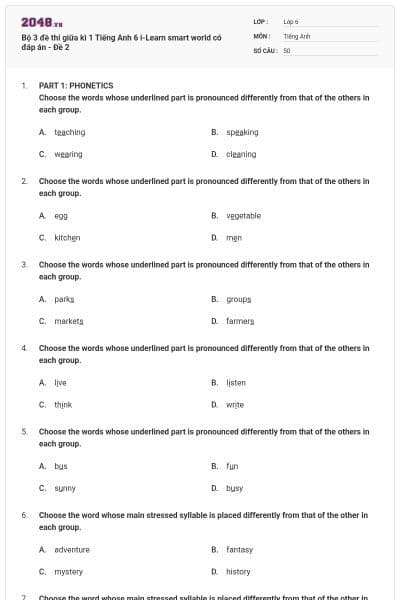 Bộ 3 đề thi giữa kì 1 Tiếng Anh 6 i-Learn smart world có đáp án - Đề 2