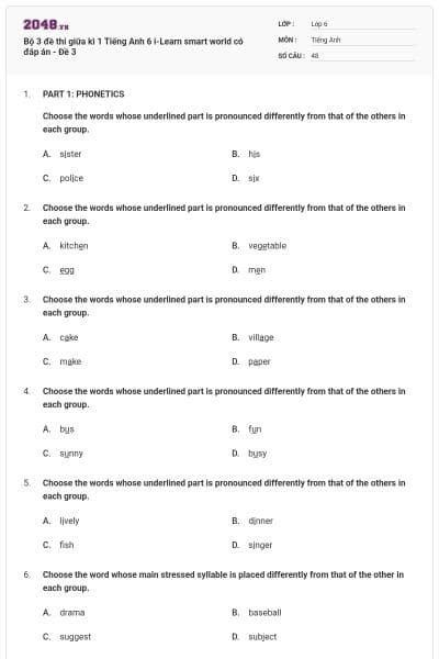 Bộ 3 đề thi giữa kì 1 Tiếng Anh 6 i-Learn smart world có đáp án - Đề 3