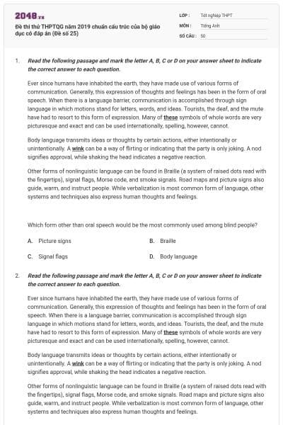 Đề thi thử THPTQG năm 2019 chuẩn cấu trúc của bộ giáo dục có đáp án (Đề số 25)