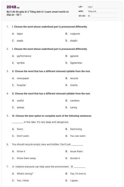 Bộ 5 đề thi giữa kì 2 Tiếng Anh 6 i-Learn smart world có đáp án - Đề 1