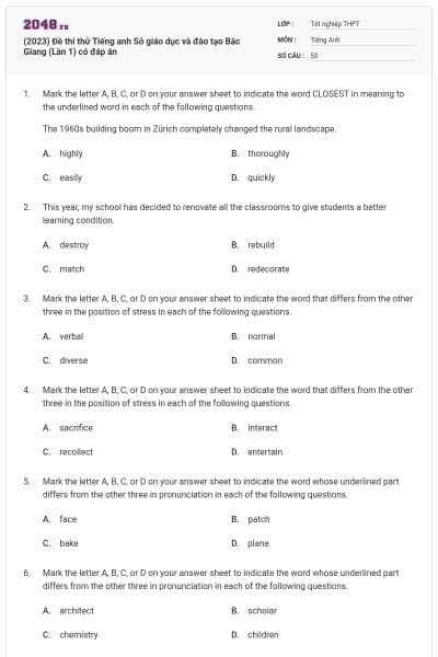 (2023) Đề thi thử Tiếng anh Sở giáo dục và đào tạo Bắc Giang (Lần 1) có đáp án