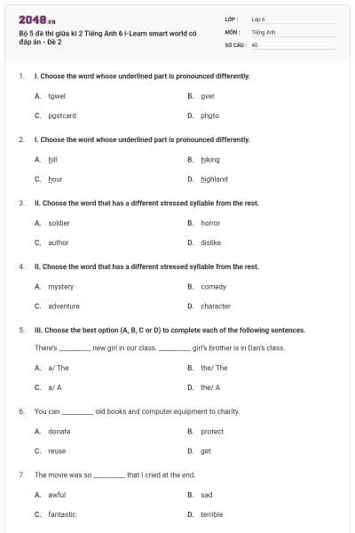 Bộ 5 đề thi giữa kì 2 Tiếng Anh 6 i-Learn smart world có đáp án - Đề 2
