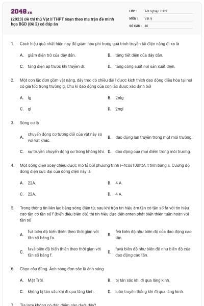 (2023) Đề thi thử Vật lí THPT soạn theo ma trận đề minh họa BGD (Đề 2) có đáp án