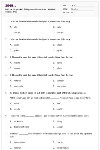 Bộ 5 đề thi giữa kì 2 Tiếng Anh 6 i-Learn smart world có đáp án - Đề 3