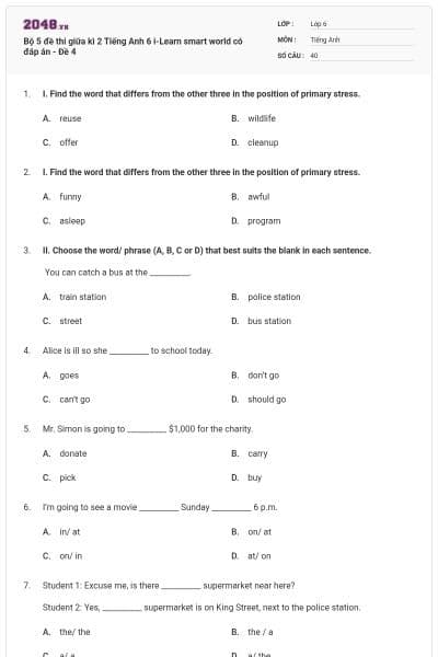 Bộ 5 đề thi giữa kì 2 Tiếng Anh 6 i-Learn smart world có đáp án - Đề 4