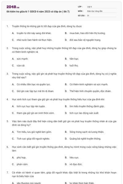 Đề kiểm tra giữa kì 1 GDCD 6 năm 2023 có đáp án ( Đề 7)