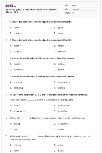 Bộ 5 đề thi giữa kì 2 Tiếng Anh 6 i-Learn smart world có đáp án - Đề 5