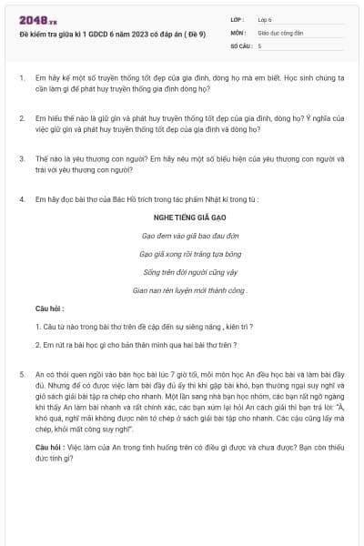 Đề kiểm tra giữa kì 1 GDCD 6 năm 2023 có đáp án ( Đề 9)