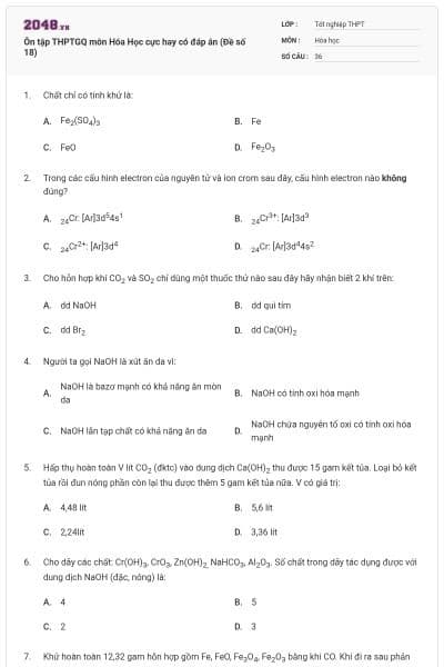 Ôn tập THPTGQ môn Hóa Học cực hay có đáp án (Đề số 18)