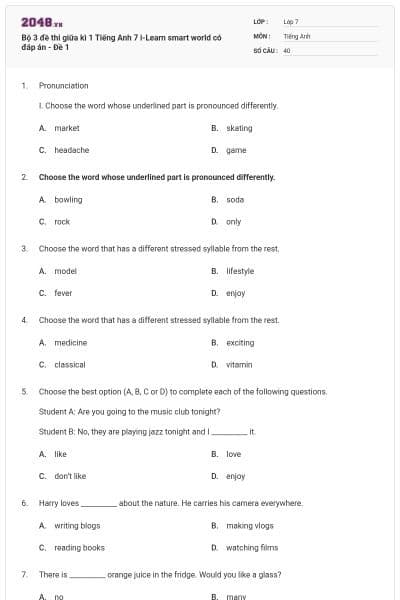 Bộ 3 đề thi giữa kì 1 Tiếng Anh 7 i-Learn smart world có đáp án - Đề 1