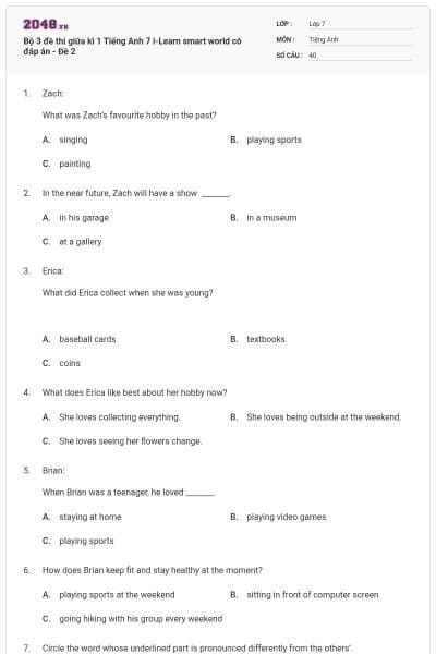 Bộ 3 đề thi giữa kì 1 Tiếng Anh 7 i-Learn smart world có đáp án - Đề 2