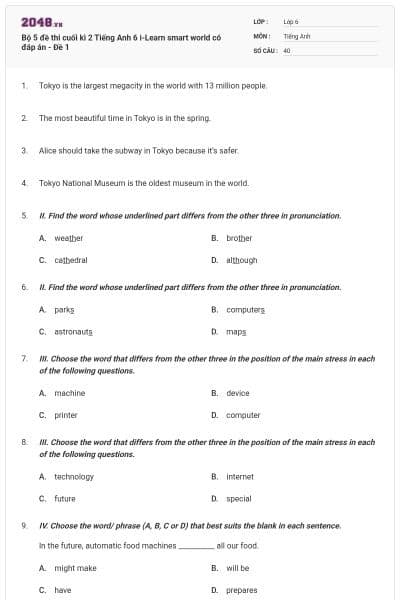 Bộ 5 đề thi cuối kì 2 Tiếng Anh 6 i-Learn smart world có đáp án - Đề 1