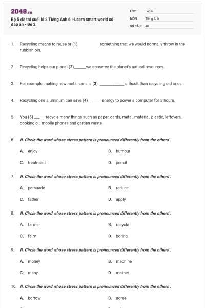 Bộ 5 đề thi cuối kì 2 Tiếng Anh 6 i-Learn smart world có đáp án - Đề 2