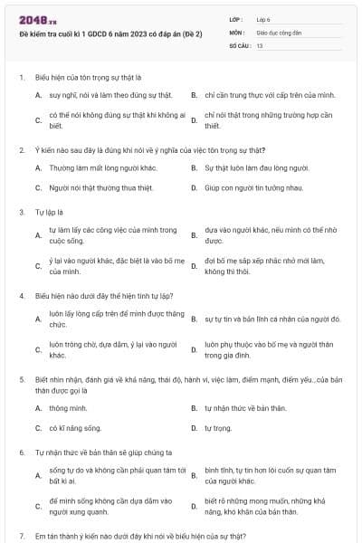 Đề kiểm tra cuối kì 1 GDCD 6 năm 2023 có đáp án (Đề 2)