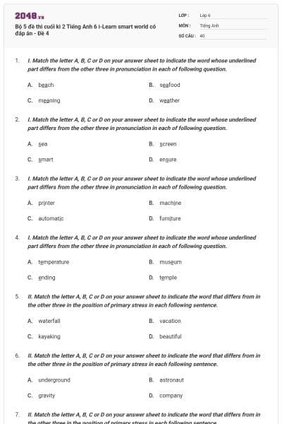 Bộ 5 đề thi cuối kì 2 Tiếng Anh 6 i-Learn smart world có đáp án - Đề 4