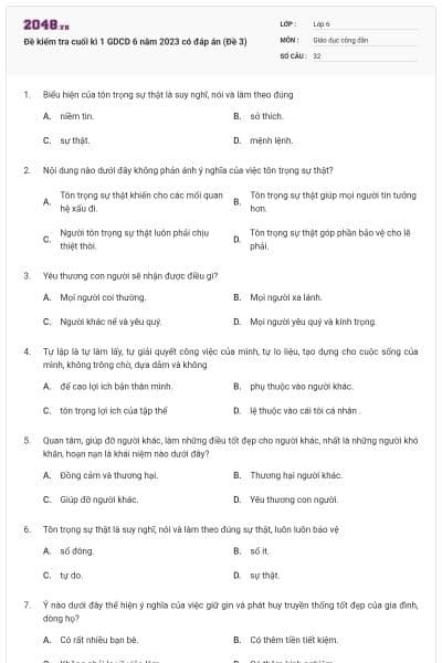 Đề kiểm tra cuối kì 1 GDCD 6 năm 2023 có đáp án (Đề 3)