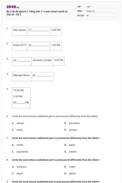 Bộ 3 đề thi giữa kì 1 Tiếng Anh 7 i-Learn smart world có đáp án - Đề 3