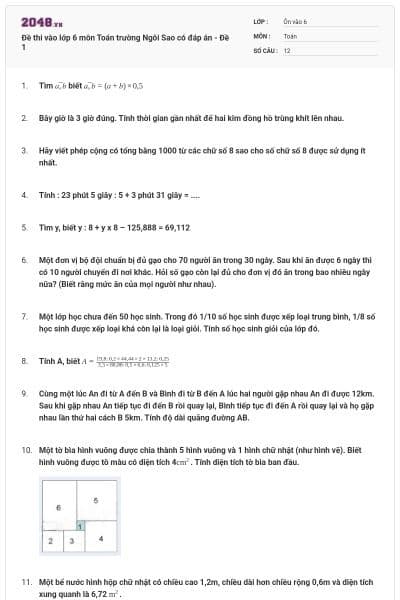 Đề thi vào lớp 6 môn Toán trường Ngôi Sao có đáp án - Đề 1