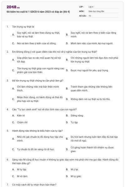 Đề kiểm tra cuối kì 1 GDCD 6 năm 2023 có đáp án (Đề 4)