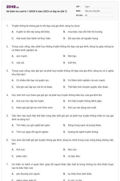Đề kiểm tra cuối kì 1 GDCD 6 năm 2023 có đáp án (Đề 7)