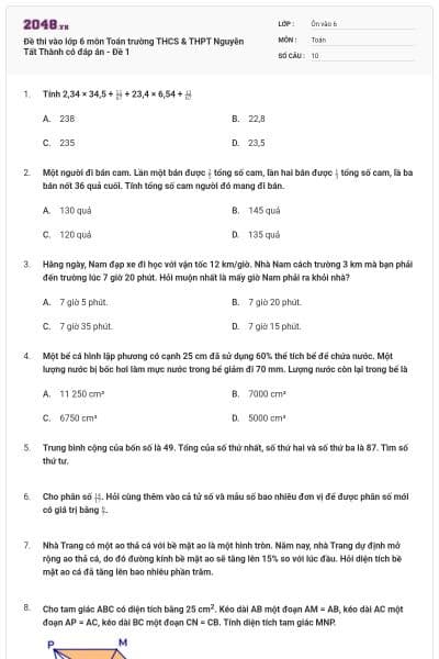 Đề thi vào lớp 6 môn Toán trường THCS & THPT Nguyễn Tất Thành có đáp án - Đề 1