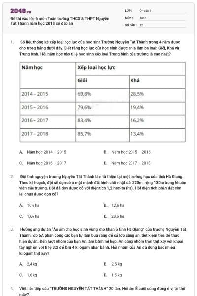 Đề thi vào lớp 6 môn Toán trường THCS & THPT Nguyễn Tất Thành năm học 2018 có đáp án