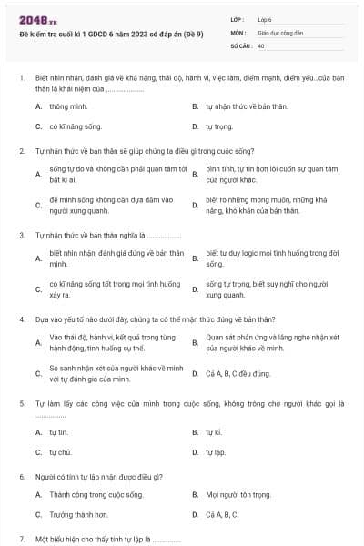 Đề kiểm tra cuối kì 1 GDCD 6 năm 2023 có đáp án (Đề 9)
