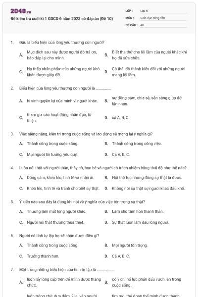 Đề kiểm tra cuối kì 1 GDCD 6 năm 2023 có đáp án (Đề 10)