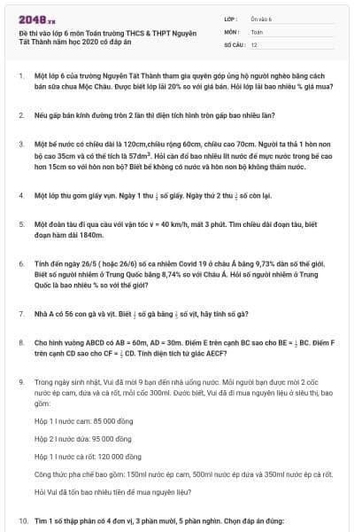 Đề thi vào lớp 6 môn Toán trường THCS & THPT Nguyễn Tất Thành năm học 2020 có đáp án