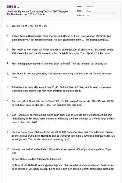 Đề thi vào lớp 6 môn Toán trường THCS & THPT Nguyễn Tất Thành năm học 2021 có đáp án