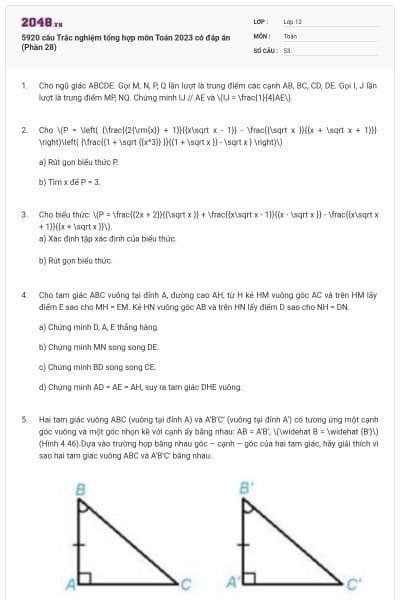5920 câu Trắc nghiệm tổng hợp môn Toán 2023 có đáp án (Phần 28)