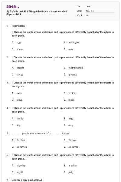 Bộ 5 đề thi cuối kì 1 Tiếng Anh 6 i-Learn smart world có đáp án - Đề 1