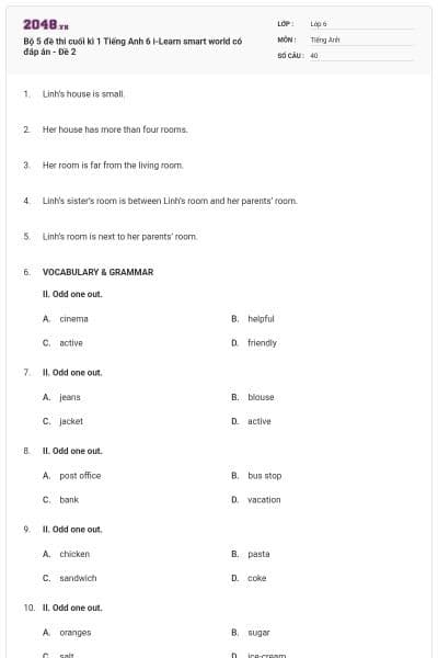 Bộ 5 đề thi cuối kì 1 Tiếng Anh 6 i-Learn smart world có đáp án - Đề 2
