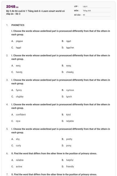 Bộ 5 đề thi cuối kì 1 Tiếng Anh 6 i-Learn smart world có đáp án - Đề 3
