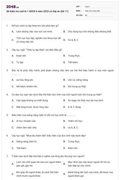 Đề kiểm tra cuối kì 1 GDCD 6 năm 2023 có đáp án (Đề 11)