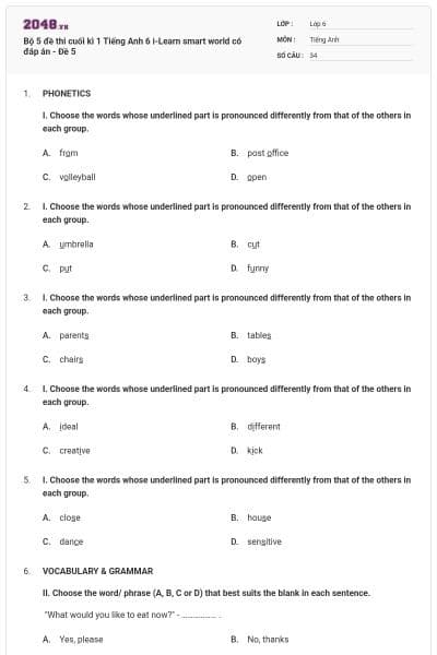 Bộ 5 đề thi cuối kì 1 Tiếng Anh 6 i-Learn smart world có đáp án - Đề 5