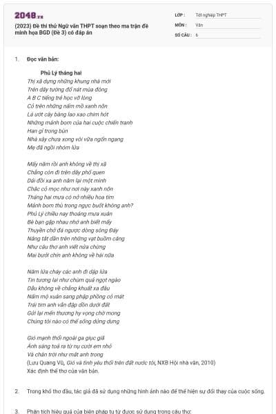 (2023) Đề thi thử Ngữ văn THPT soạn theo ma trận đề minh họa BGD (Đề 3) có đáp án