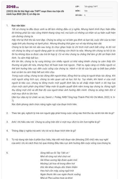 (2023) Đề thi thử Ngữ văn THPT soạn theo ma trận đề minh họa BGD (Đề 4) có đáp án