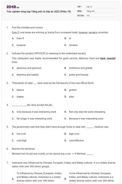 Trắc nghiệm tổng hợp Tiếng anh có đáp án 2023 (Phần 18)