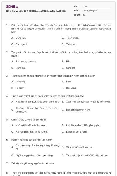 Đề kiểm tra giữa kì 2 GDCD 6 năm 2023 có đáp án (Đề 3)