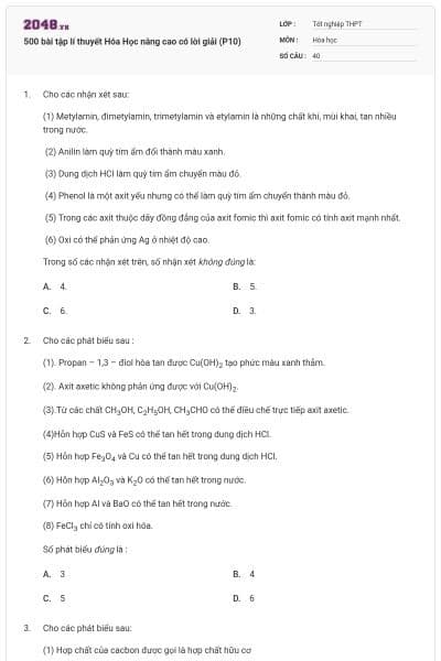 500 bài tập lí thuyết Hóa Học nâng cao có lời giải (P10)